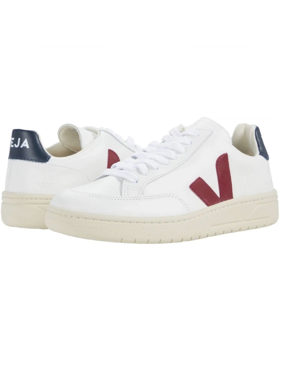 Veja Leather Sneakers in White with Burgundy V and Navy Heel Size US 8 / EU 39